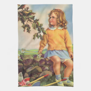Vintage Mädchen beobachten Vögel in einem Baum, Fr Geschirrtuch