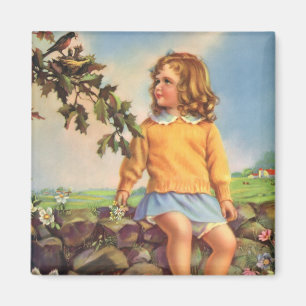 Vintage Mädchen beobachten Vögel in einem Baum, Fr Magnet