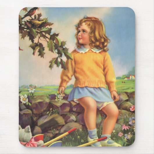 Vintage Mädchen beobachten Vögel in einem Baum, Fr Mousepad (Vorne)