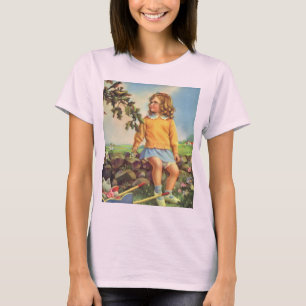 Vintage Mädchen beobachten Vögel in einem Baum, Fr T-Shirt