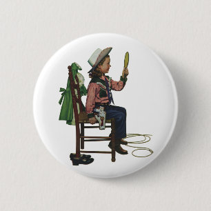 Vintage Mädchen Cowgirl beim Blick in den Spiegel  Button