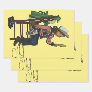 Vintage Mädchen Cowgirl beim Blick in den Spiegel Geschenkpapier Set
