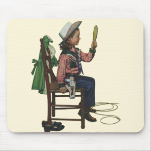 Vintage Mädchen Cowgirl beim Blick in den Spiegel  Mousepad