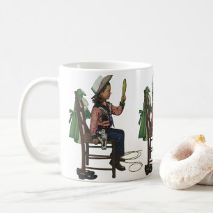 Vintage Mädchen Cowgirl betrachtet Spiegel Sie ist Kaffeetasse