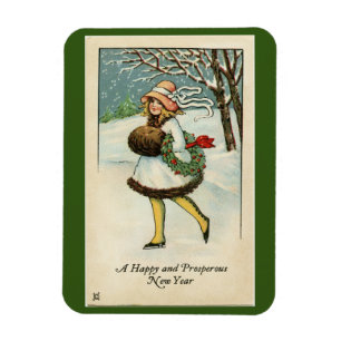 Vintage-Mädchen Frohes Neues Jahr Flexibler Photo- Magnet