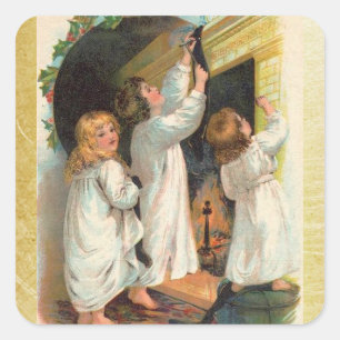 Vintage Mädchen hängen Weihnachtsstrümpfe Aufklebe Quadratischer Aufkleber