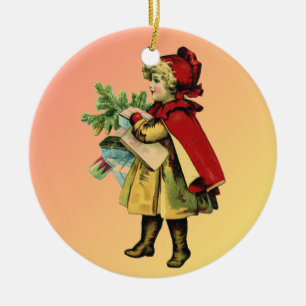 Vintage-Mädchen mit Cape und Haube Weihnachtsornam Keramikornament