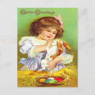 Vintage Mädchen mit Häschen und Ostereiern Osterka Feiertagspostkarte