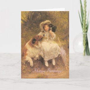 Vintage Mädchen mit Haustieren, Geburtstag Karte