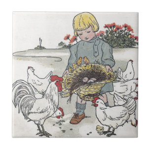 Vintage Mädchen mit Hühnern, E ist ein Ei Fliese