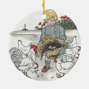 Vintage Mädchen mit Hühnern, E ist ein Ei Keramik Ornament