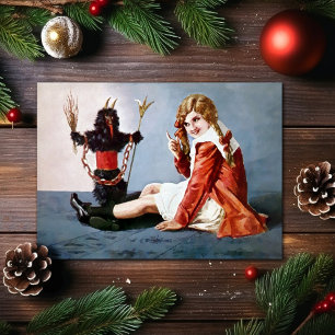 Vintage-Mädchen mit Krampus-Weihnachtskarte Feiertagskarte