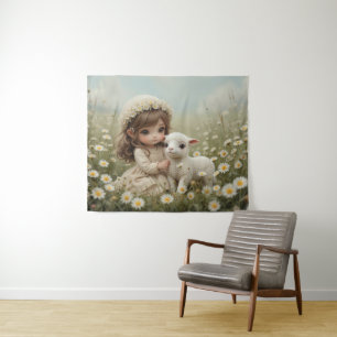 Vintage Mädchen mit Lamm auf der Frühlingswiese Wandteppich