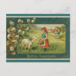 Vintage Mädchen mit Lämmern in einem Feldoster Postkarte