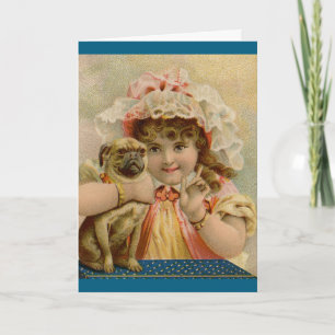 Vintage Mädchen mit Mops-Grußkarte Karte