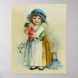 Vintage Mädchen mit pausbäckchen und Hut Puppen Poster