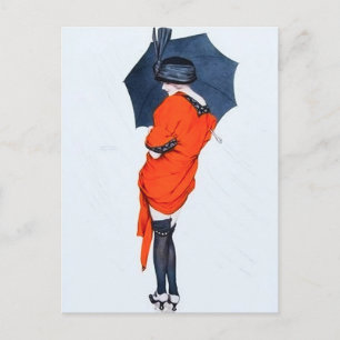 Vintage Mädchen mit Regenschirm Postkarte