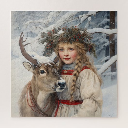 Vintage Mädchen mit Rentier Puzzle (Vertikal)