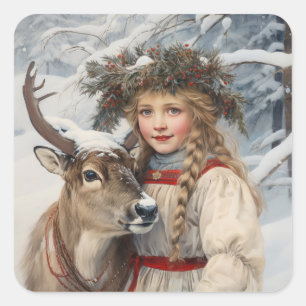 Vintage Mädchen mit Rentier Quadratischer Aufkleber
