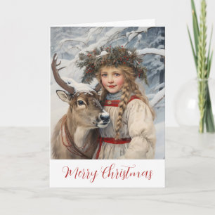 Vintage Mädchen mit Rentier Weihnachtskarte Karte