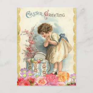 Vintage Mädchen mit Rosen und Ostereiern Ostergrüß Postkarte