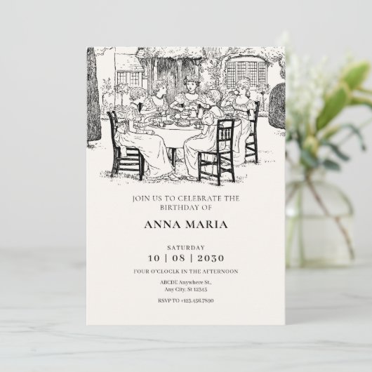 Vintage Mädchen mit Tee Einladung (Stehend Vorderseite)