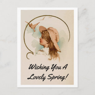 Vintage Mädchen mit Vögeln Postkarte