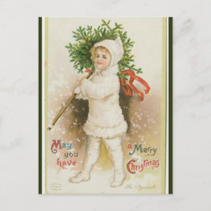 Vintage Mädchen mit Weihnachtsbaum Postkarte