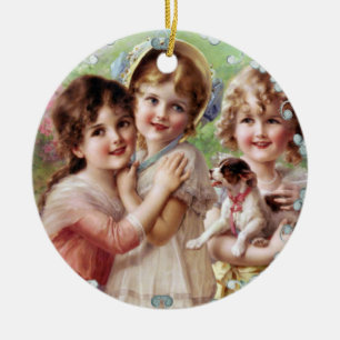 Vintage Mädchen mit Welpe Keramik Ornament