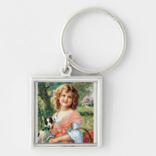 Vintage Mädchen mit Welpe Schlüsselanhänger