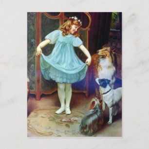 Vintage Mädchen neues Kleid Collie Haustunde Postkarte