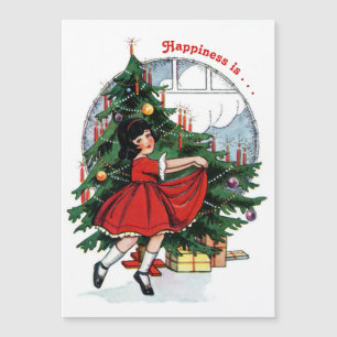 Vintage-Mädchen tanzt um den Weihnachtsbaum Magnetkarte