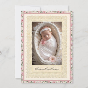 Vintage Mädchen Taufe rosa Rosen Foto Einladung