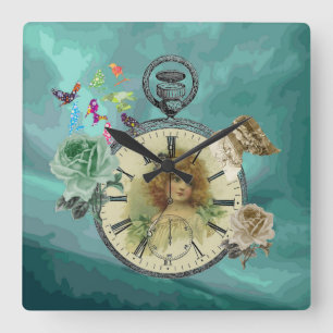 Vintage Mädchen-Uhr-Uhr-Quadrat-Wand-Uhr Quadratische Wanduhr