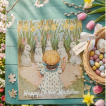 Vintage Mädchen und Osterhasen singen