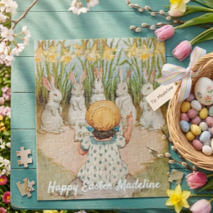 Vintage Mädchen und Osterhasen singen Puzzle