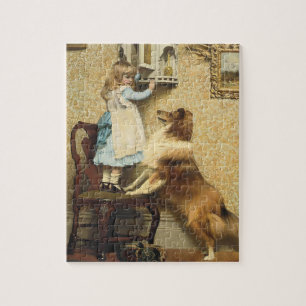 Vintage Mädchen und Sheltie-Hunde-Kunst Geheimnisv Puzzle