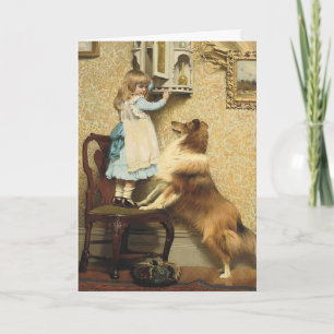 Vintage Mädchen und Sheltie-Hunde-Kunst Geheimort Feiertagskarte