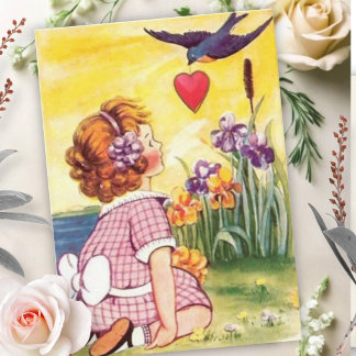 Vintage-Mädchen und Valentinsgruß von einem Vogel Karte