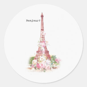 Vintage-mädchenhafte rosa Blumen Paris Eiffelturm Runder Aufkleber