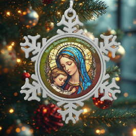 Vintage Madonna and Child Nativity Stained Glass  Schneeflocken Zinn-Ornament
