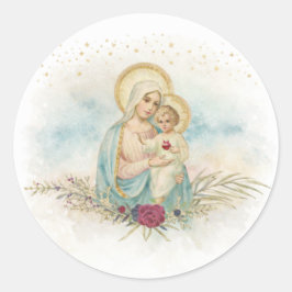 Vintage-Madonna-und-Kind-Blumen-katholisches-Aufkl Runder Aufkleber