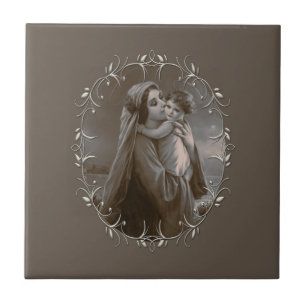 Vintage Madonna und Kind mit Silberrahmen Fliese