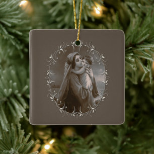 Vintage Madonna und Kind mit Silberrahmen Keramikornament