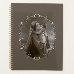 Vintage Madonna und Kind mit Silberrahmen Planer