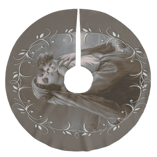 Vintage Madonna und Kind mit Silberrahmen Polyester Weihnachtsbaumdecke (Vorderseite)