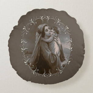 Vintage Madonna und Kind mit Silberrahmen Rundes Kissen