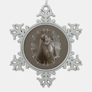 Vintage Madonna und Kind mit Silberrahmen Schneeflocken Zinn-Ornament