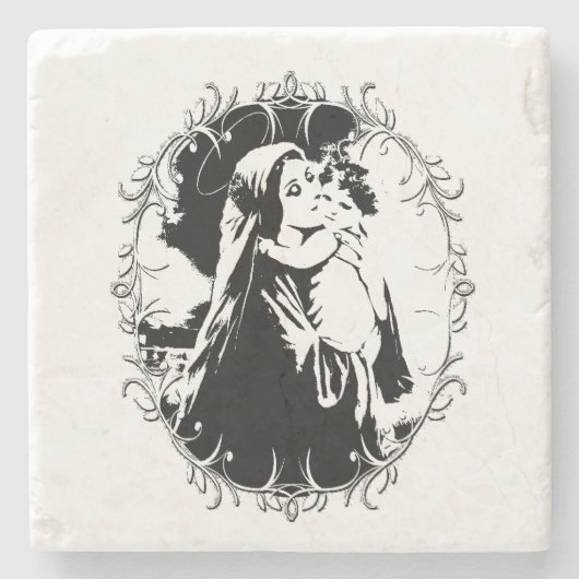 Vintage Madonna und Kind mit Silberrahmen Steinuntersetzer (Vorderseite)