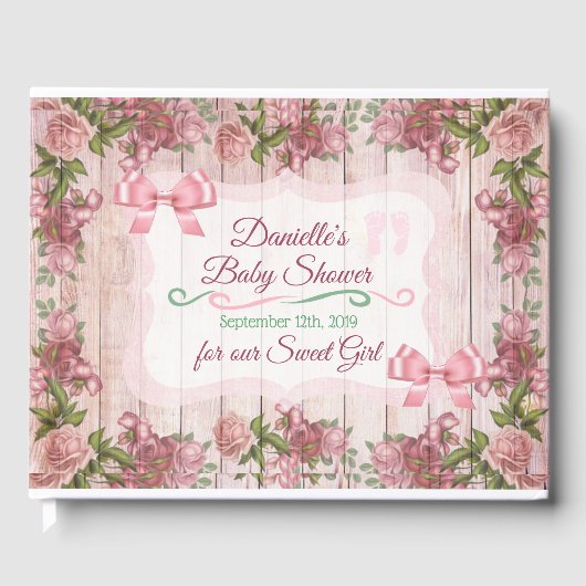 Vintage Magenta-Rose bedrückt Wood Baby Dusche Gästebuch (Vorderseite)